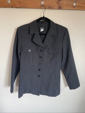 VTG Spago Women's Black Pinstripe Tailored Blazer 12 Shoulder Pads Career Office